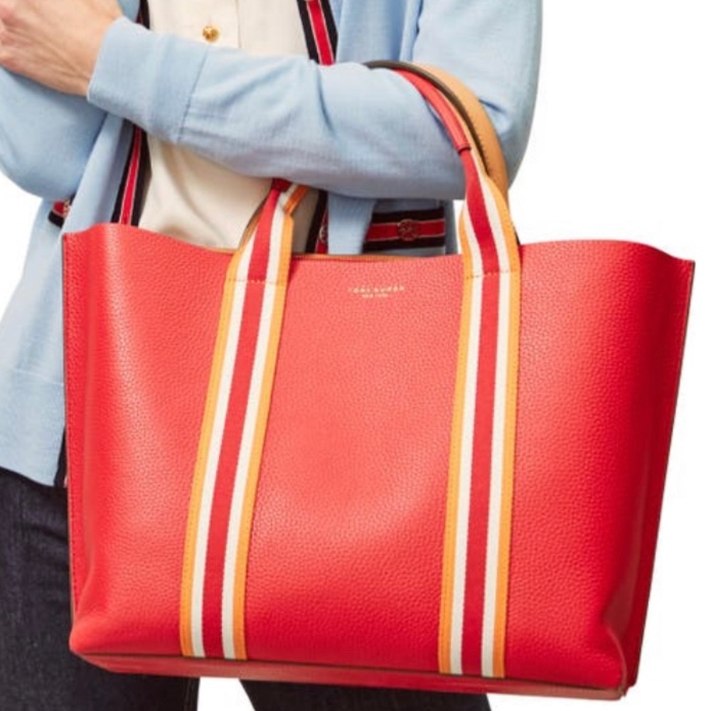 Authentic TORY BURCH LOGO stripe Leather Tote - Picture 7 of 16